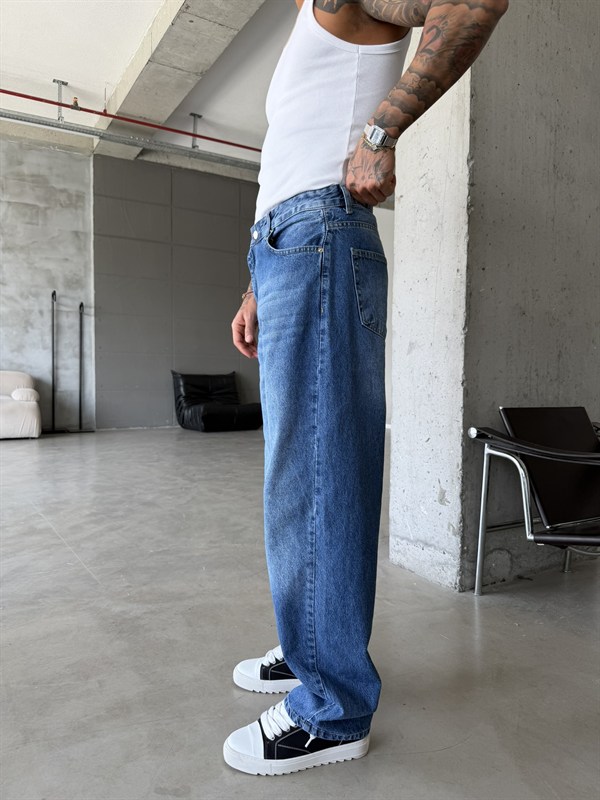 Eskitme Basic Relax Fit Baggy Pantolon - Koyu Mavi