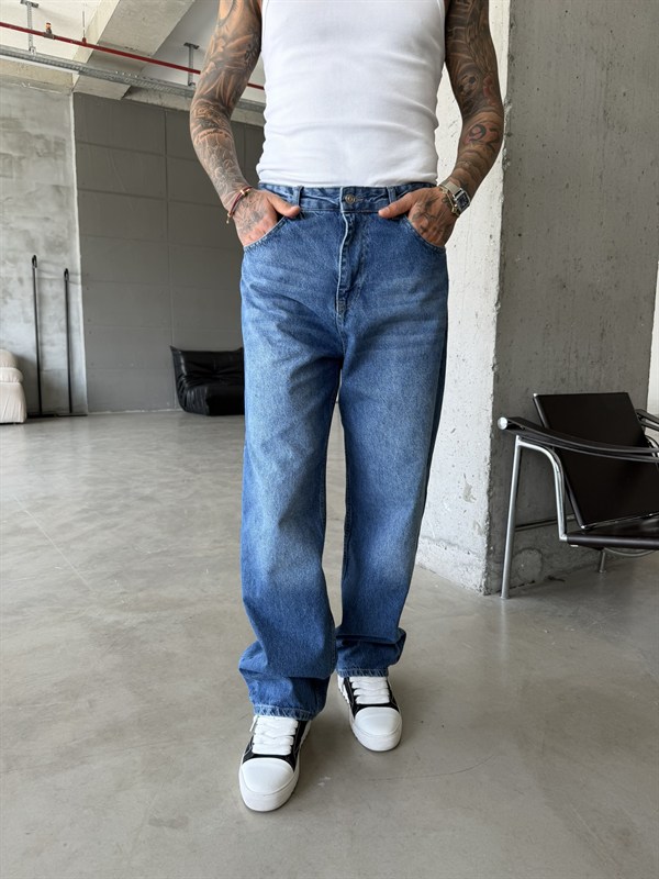 Eskitme Basic Relax Fit Baggy Pantolon - Koyu Mavi