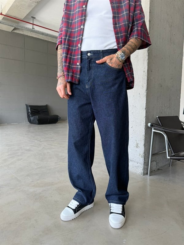 Eskitme Basic Relax Fit Baggy Pantolon -Lacivert