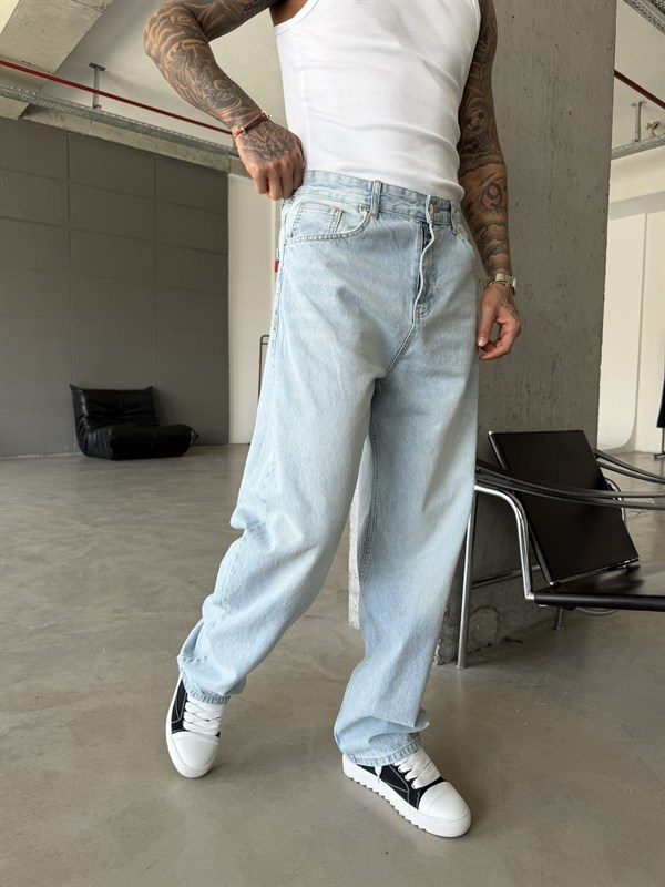 Eskitme Basic Relax Fit Baggy Pantolon - Mavi