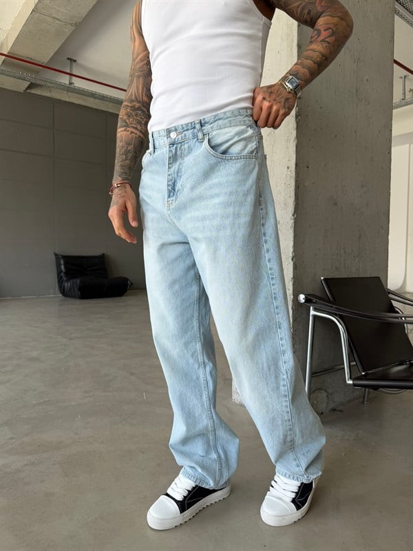 Eskitme Basic Relax Fit Baggy Pantolon - Mavi