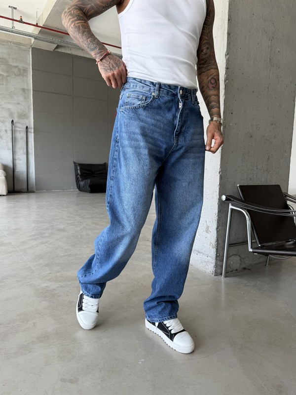 Eskitme Basic Relax Fit Baggy Pantolon - Koyu Mavi