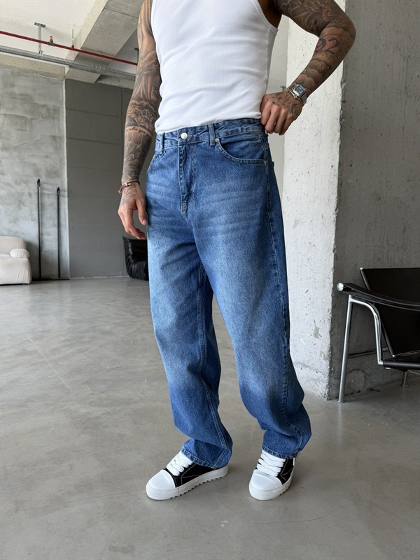 Eskitme Basic Relax Fit Baggy Pantolon - Koyu Mavi