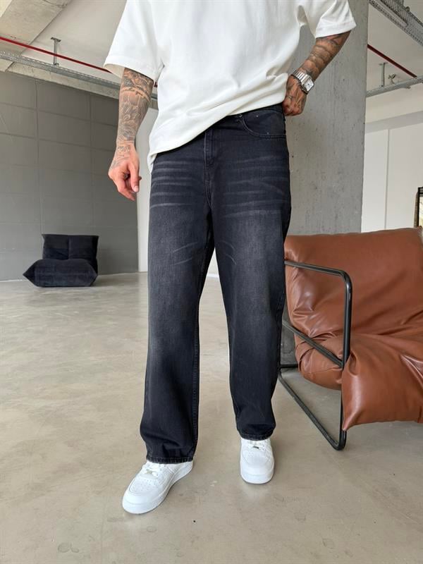 Eskitme Relax Fit Baggy Pantolon - Siyah