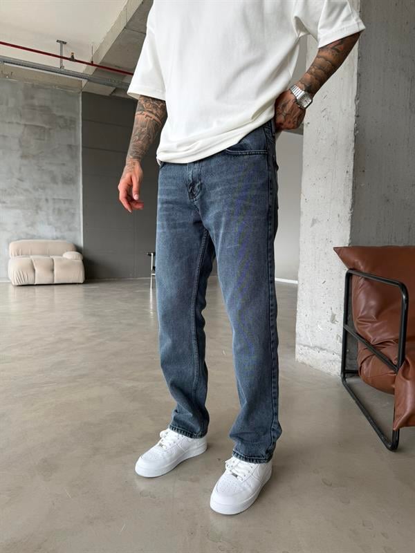 Eskitme Yıkamalı Baggy Pantolon - Mavi