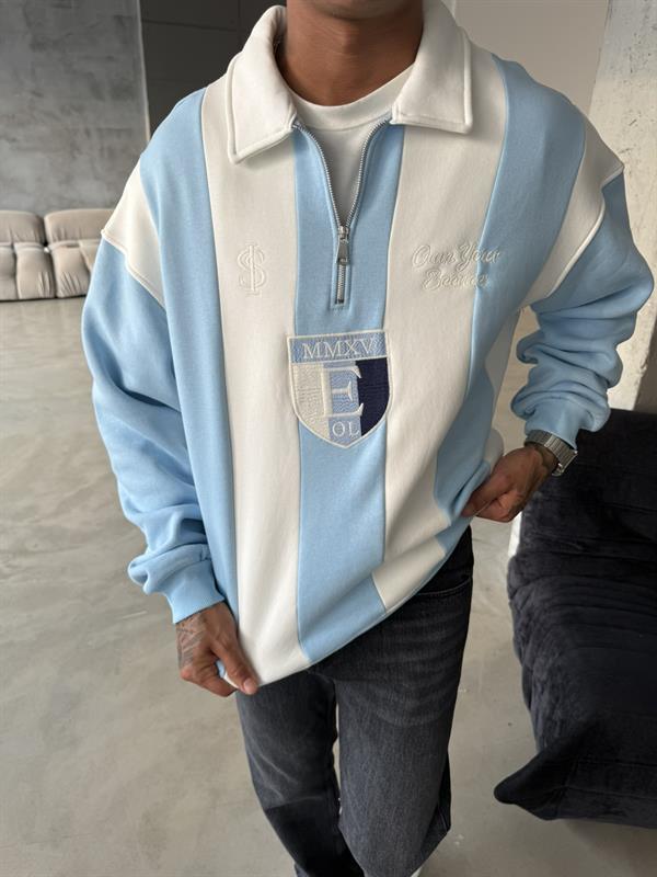 Essence Cizgili Yarım Fermuar Sweat - Bebe Mavi