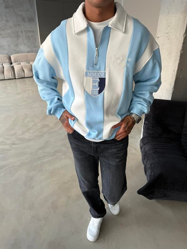 Essence Cizgili Yarım Fermuar Sweat - Bebe Mavi