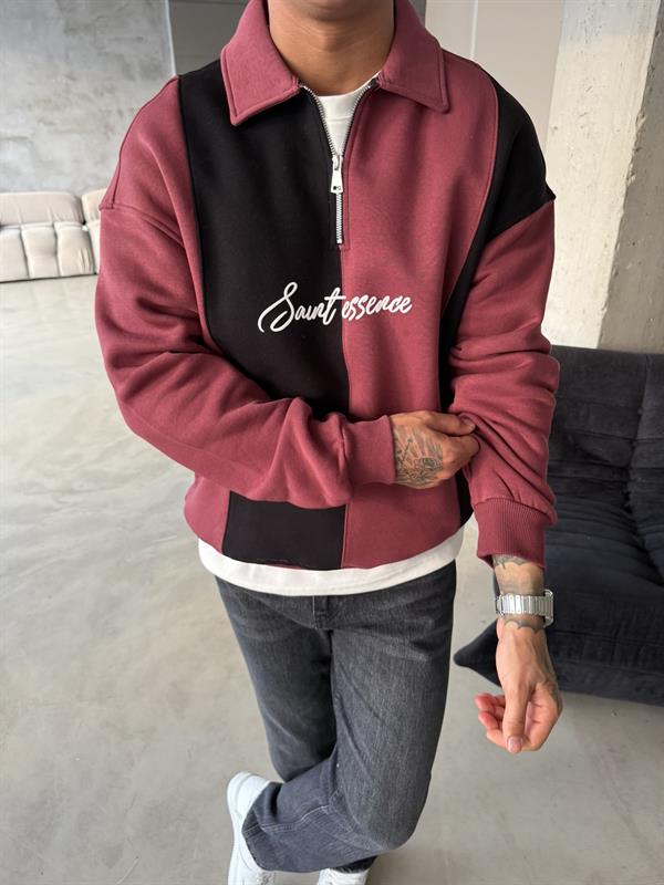 Essence Cizgili Yarım Fermuar Sweat - Bordo