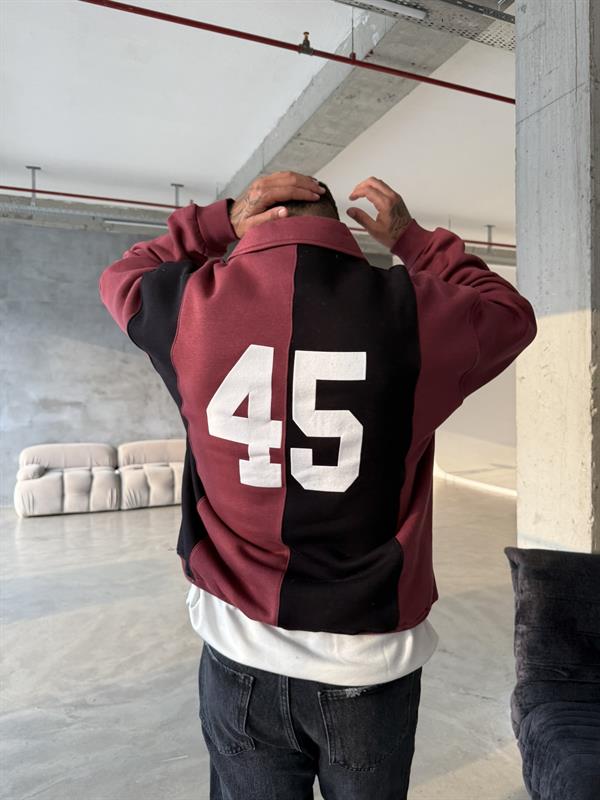 Essence Cizgili Yarım Fermuar Sweat - Bordo