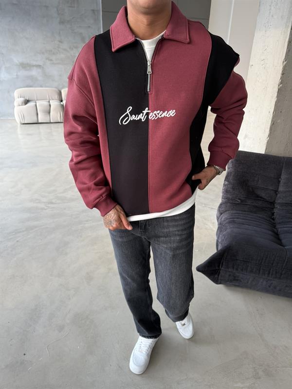 Essence Cizgili Yarım Fermuar Sweat - Bordo