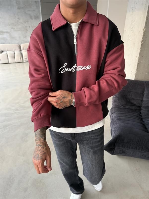 Essence Cizgili Yarım Fermuar Sweat - Bordo