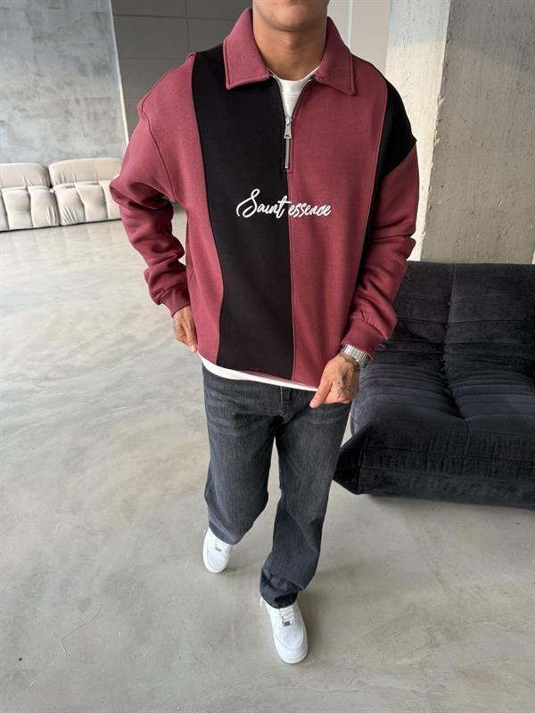 Essence Cizgili Yarım Fermuar Sweat - Bordo