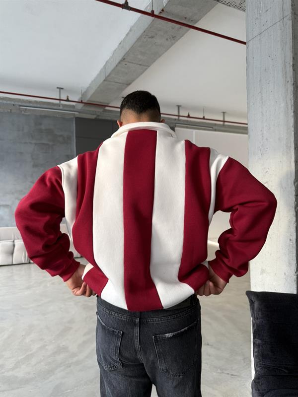 Essence Cizgili Yarım Fermuar Sweat - Kırmızı