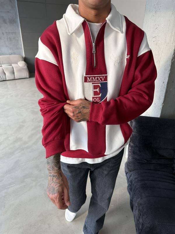 Essence Cizgili Yarım Fermuar Sweat - Kırmızı