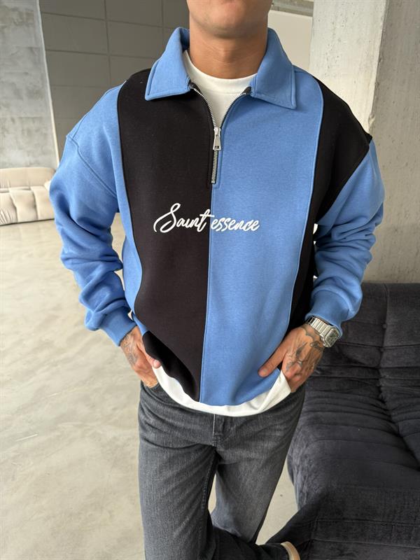 Essence Cizgili Yarım Fermuar Sweat -Mavi