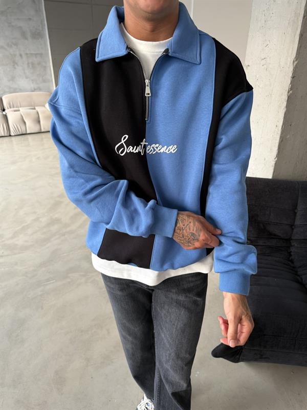 Essence Cizgili Yarım Fermuar Sweat -Mavi