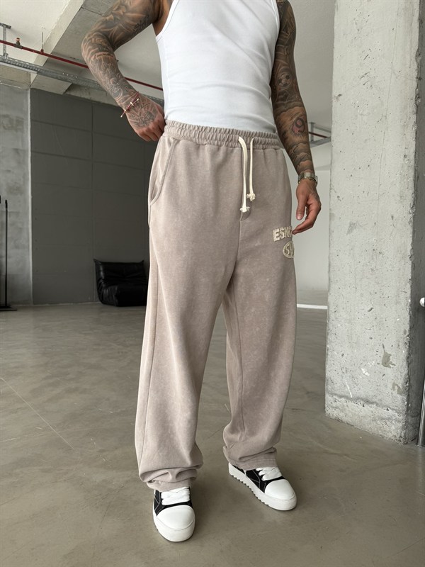 Essence Yıkamalı Premium Nakışlı Eşofman - Bej