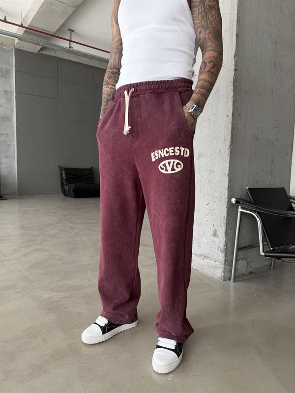 Essence Yıkamalı Premium Nakışlı Eşofman - Bordo