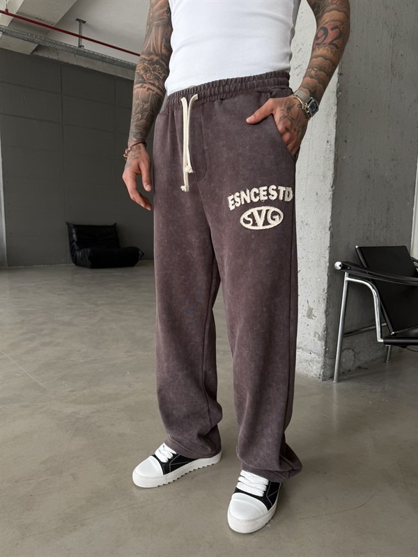 Essence Yıkamalı Premium Nakışlı Eşofman - Kahve