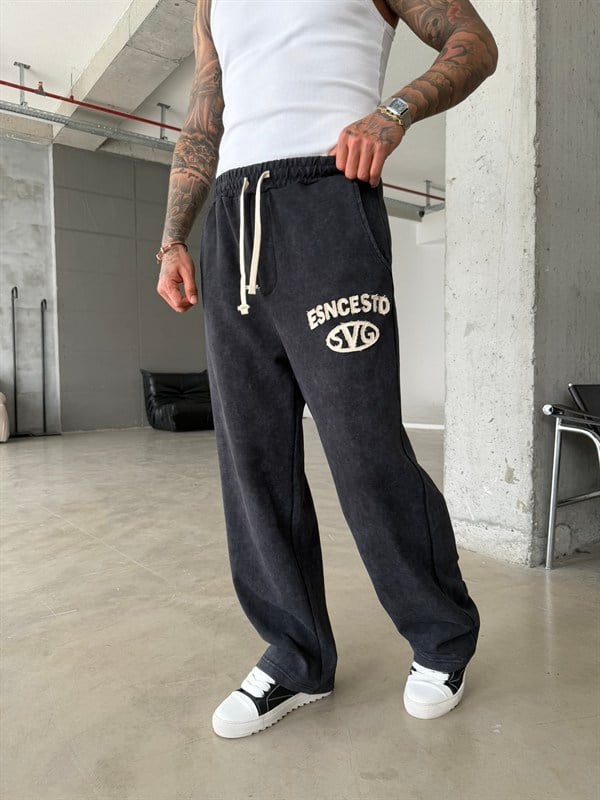 Essence Yıkamalı Premium Nakışlı Eşofman - Siyah