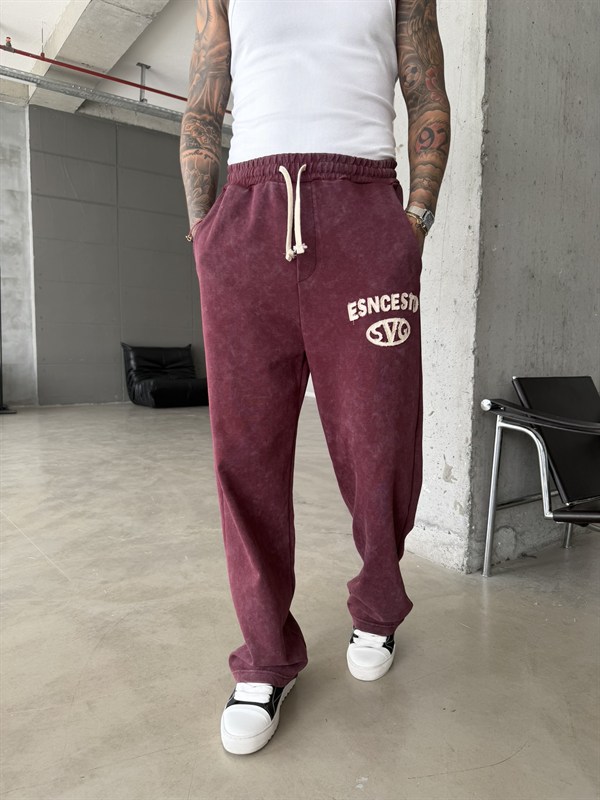 Essence Yıkamalı Premium Nakışlı Eşofman - Bordo