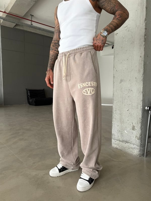 Essence Yıkamalı Premium Nakışlı Eşofman - Bej