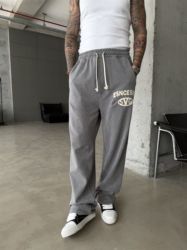 Essence Yıkamalı Premium Nakışlı Eşofman - Füme