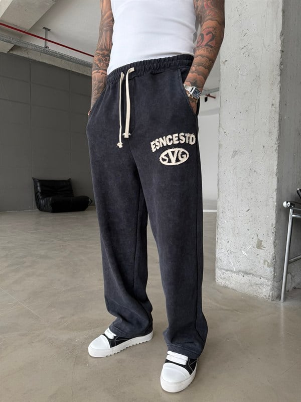 Essence Yıkamalı Premium Nakışlı Eşofman - Siyah