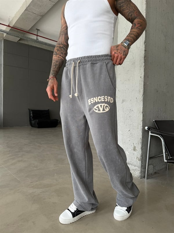 Essence Yıkamalı Premium Nakışlı Eşofman - Füme