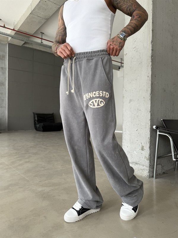 Essence Yıkamalı Premium Nakışlı Eşofman - Füme