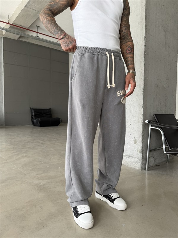 Essence Yıkamalı Premium Nakışlı Eşofman - Füme