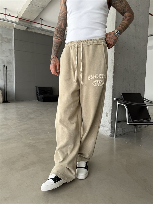 Essence Yıkamalı Premium Nakışlı Eşofman - Haki