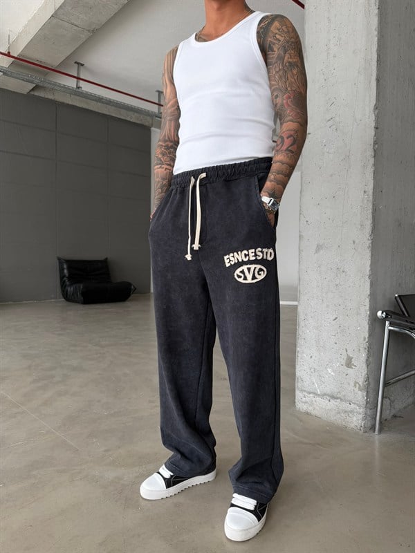 Essence Yıkamalı Premium Nakışlı Eşofman - Siyah