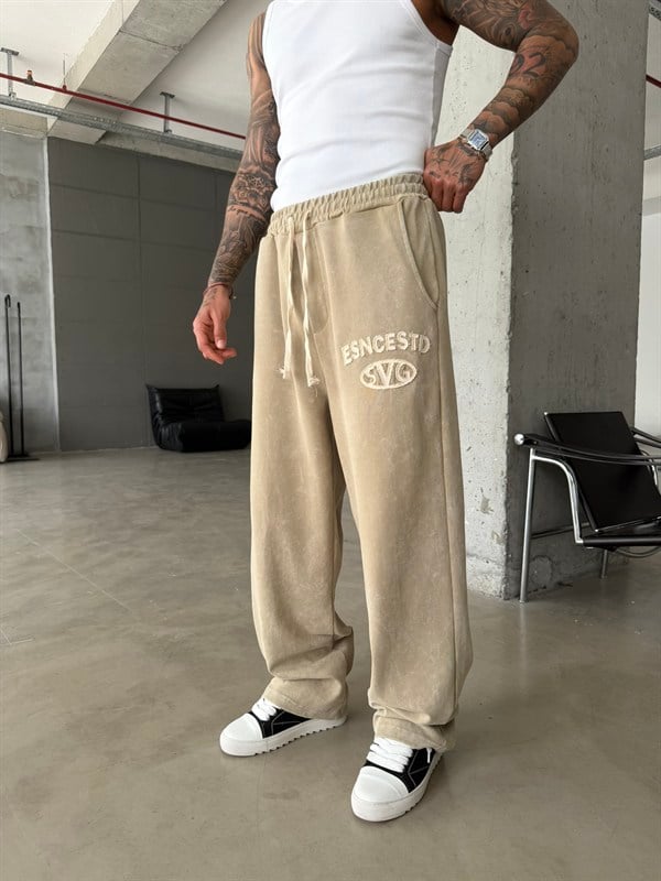 Essence Yıkamalı Premium Nakışlı Eşofman - Haki