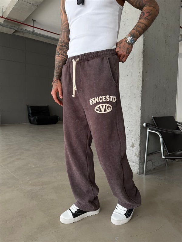 Essence Yıkamalı Premium Nakışlı Eşofman - Kahve