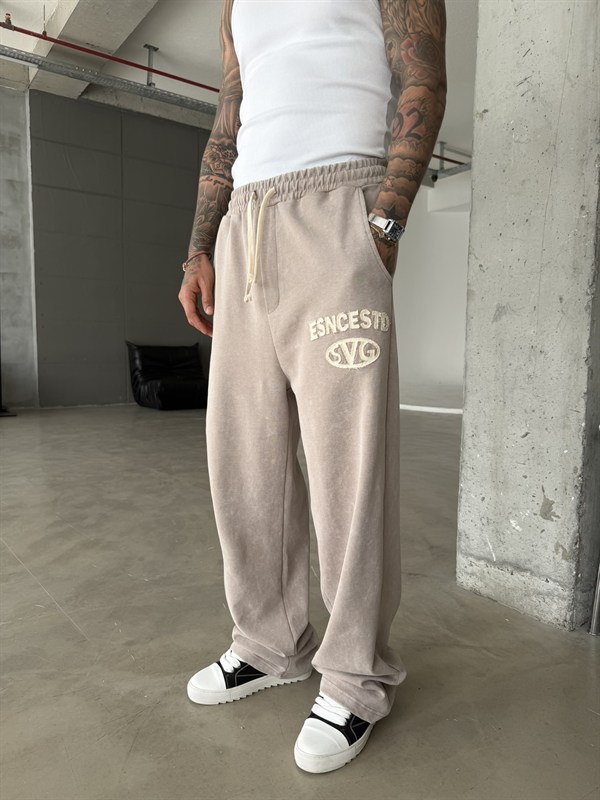 Essence Yıkamalı Premium Nakışlı Eşofman - Bej