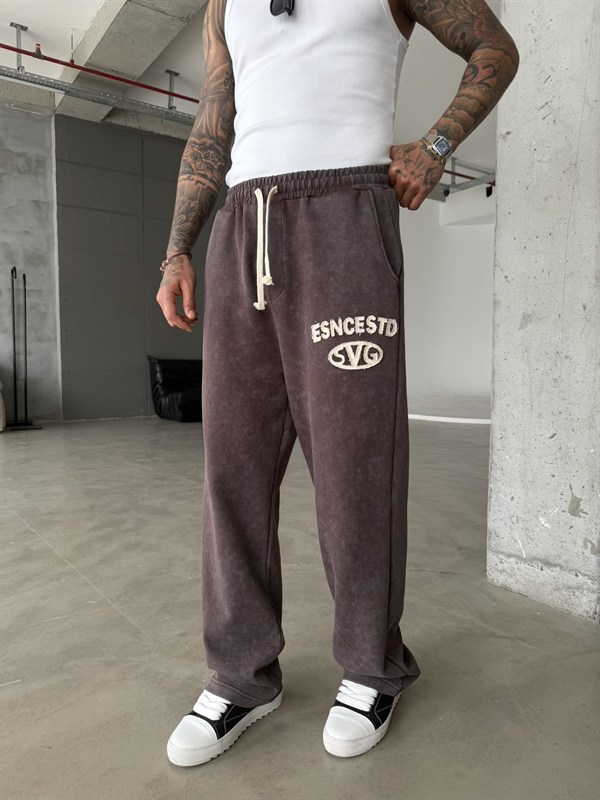 Essence Yıkamalı Premium Nakışlı Eşofman - Kahve