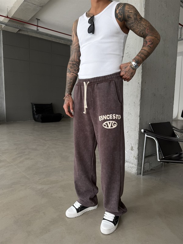 Essence Yıkamalı Premium Nakışlı Eşofman - Kahve