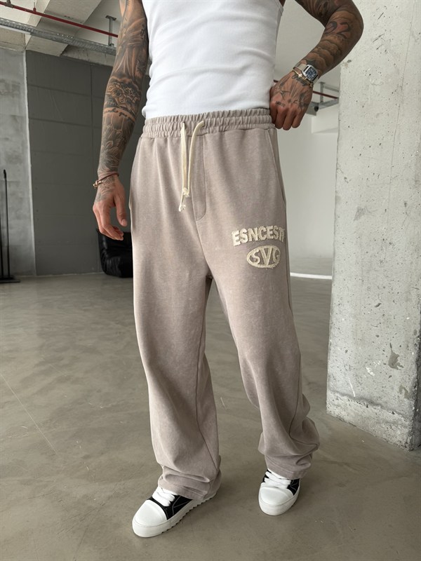 Essence Yıkamalı Premium Nakışlı Eşofman - Bej