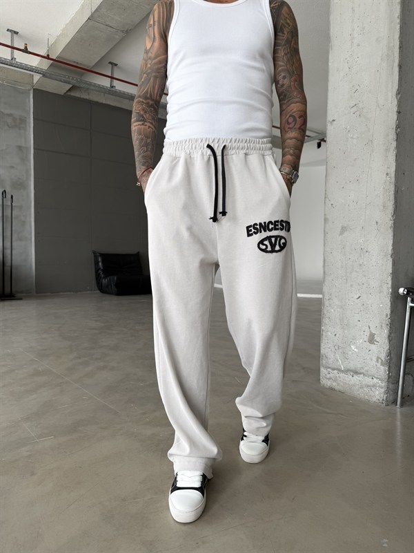 Essence Yıkamalı Premium Nakışlı Eşofman - Gri