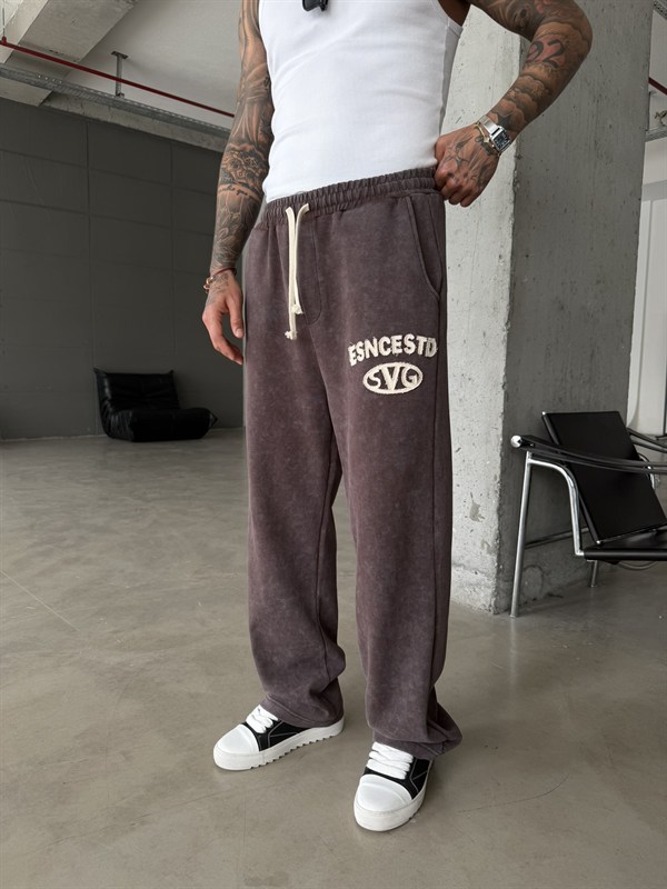 Essence Yıkamalı Premium Nakışlı Eşofman - Kahve