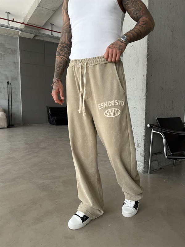 Essence Yıkamalı Premium Nakışlı Eşofman - Haki