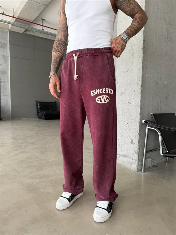 Essence Yıkamalı Premium Nakışlı Eşofman - Bordo