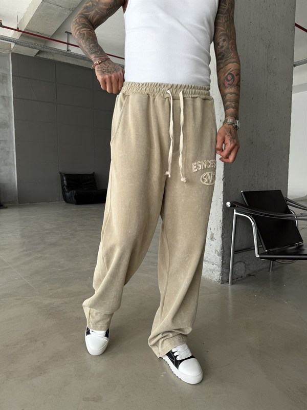 Essence Yıkamalı Premium Nakışlı Eşofman - Haki