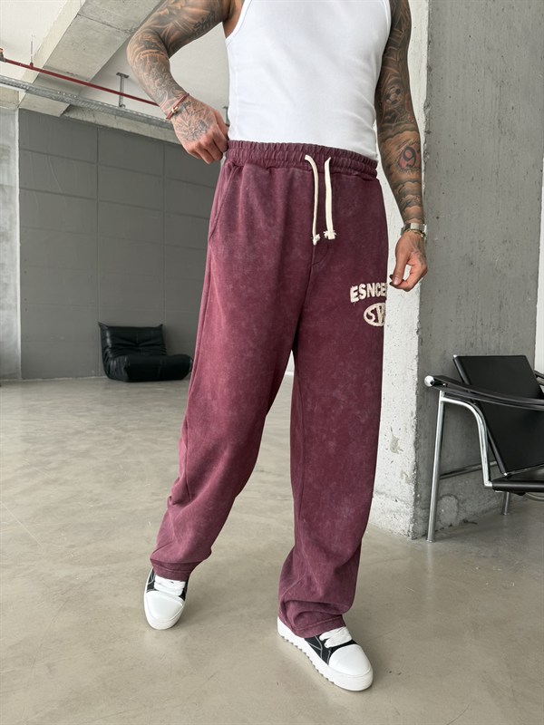 Essence Yıkamalı Premium Nakışlı Eşofman - Bordo