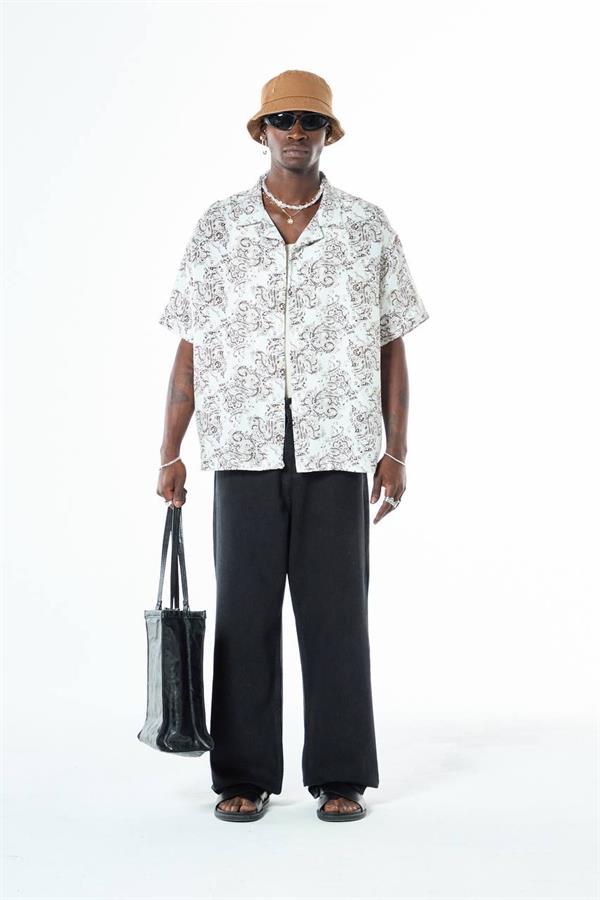 Etnik Desenli Basic Tasarım Gömlek - Beyaz-Kahve