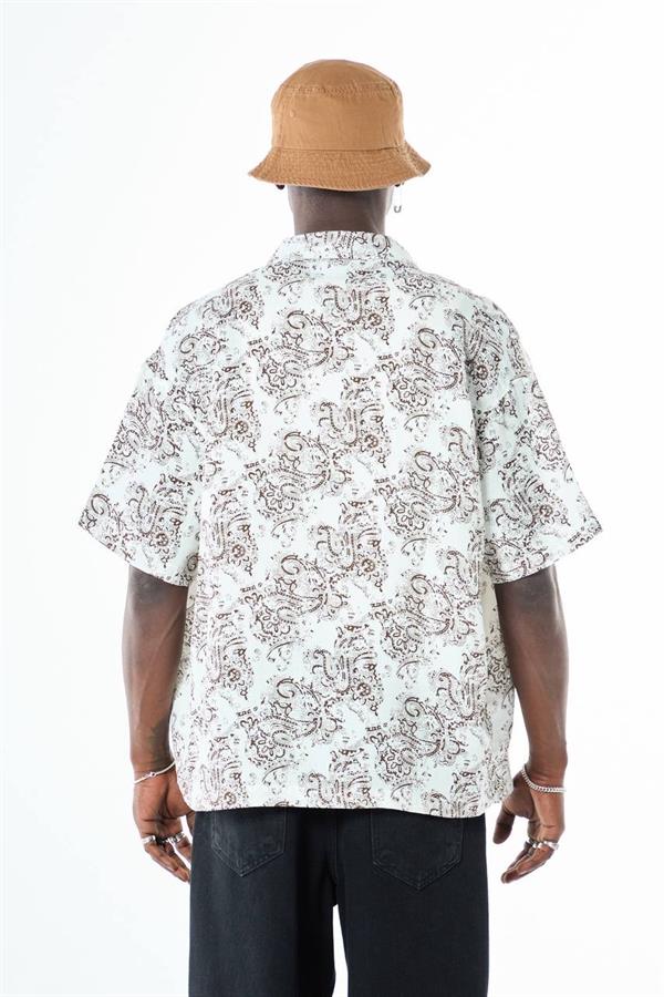 Etnik Desenli Basic Tasarım Gömlek - Beyaz-Kahve