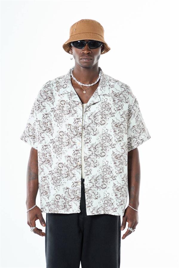 Etnik Desenli Basic Tasarım Gömlek - Beyaz-Kahve