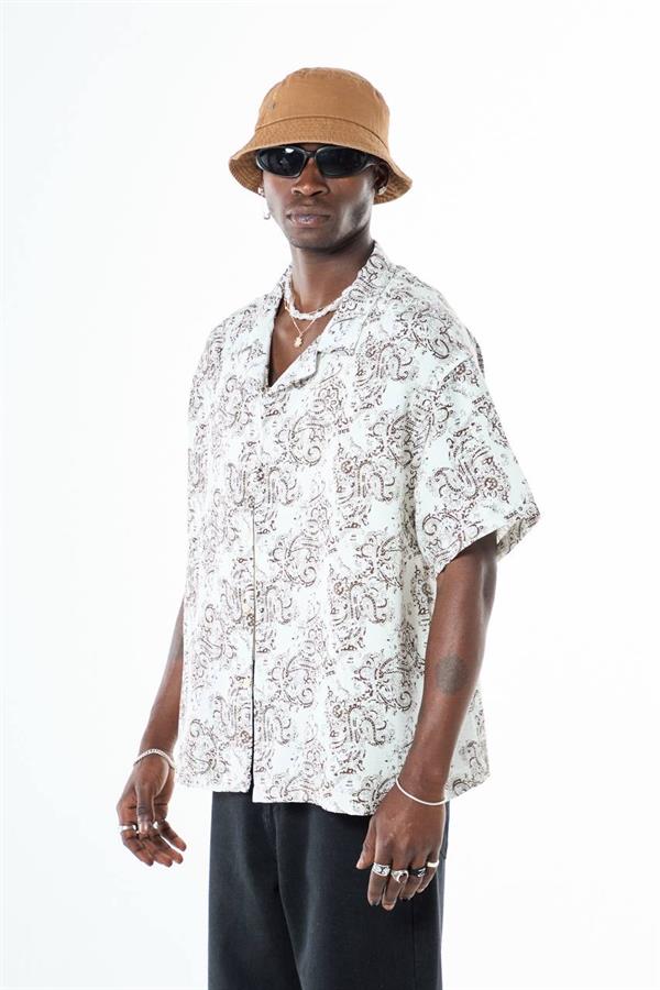 Etnik Desenli Basic Tasarım Gömlek - Beyaz-Kahve