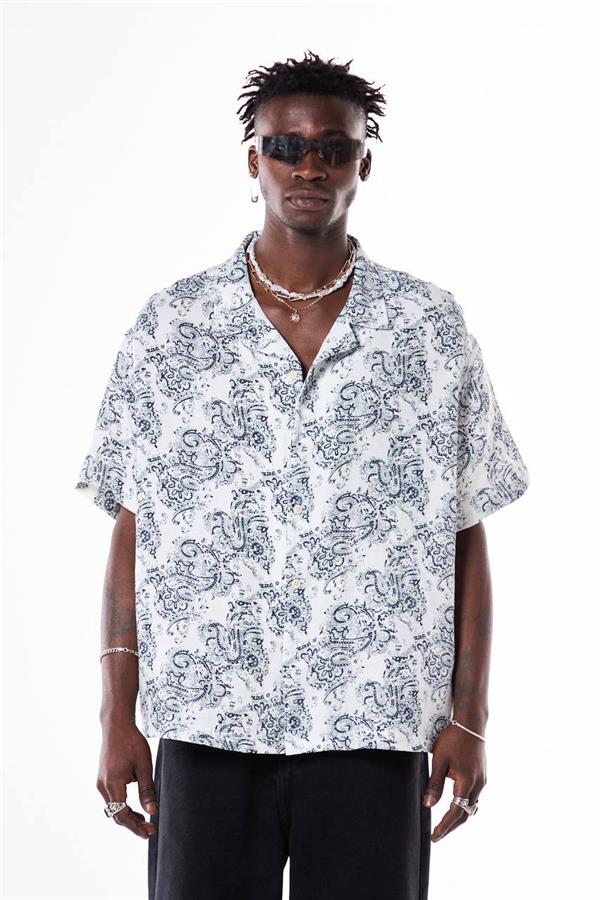 Etnik Desenli Basic Tasarım Gömlek - Beyaz-Siyah